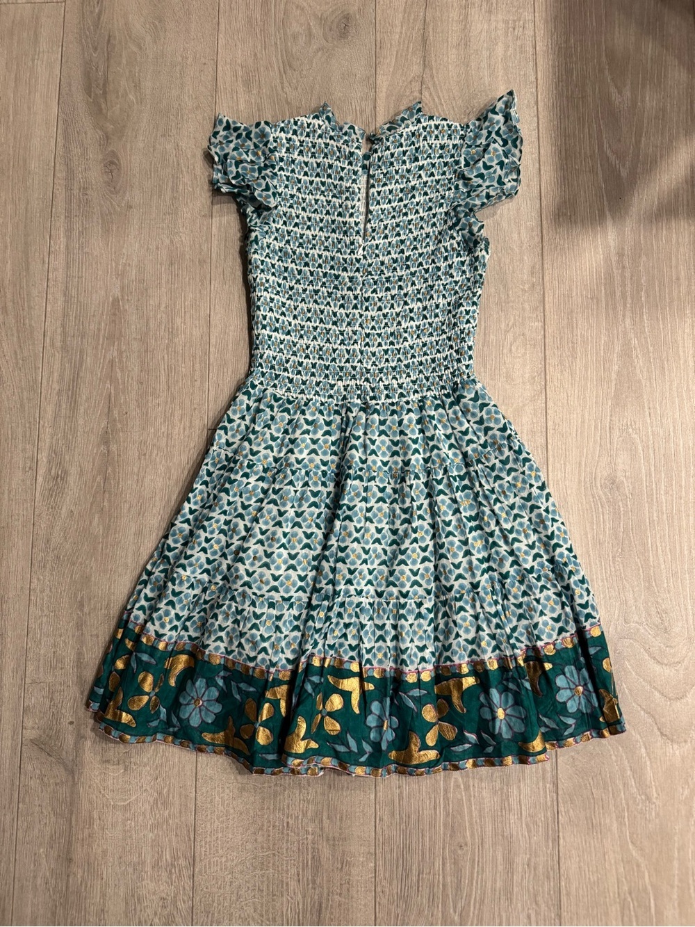 Oliphant Smocked Floral Ruffle-Sleeve Mini Dress Teal Small - Picture 4 of 11